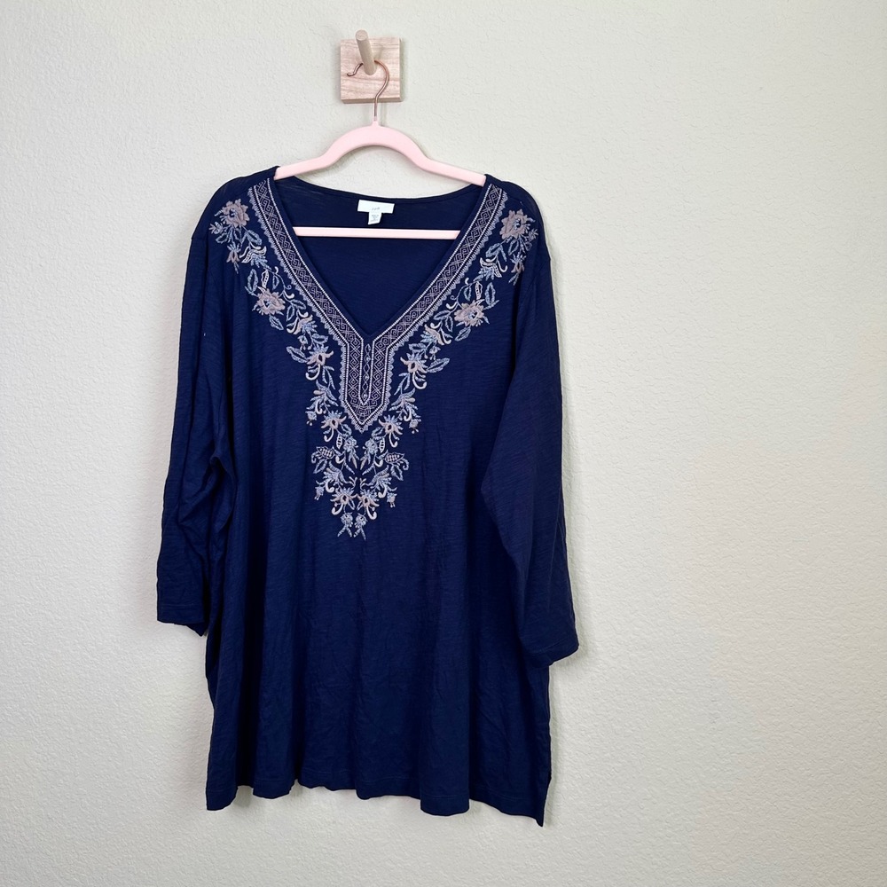 J. Jill Navy Blue Embroidered V-Neck Tunic Top 4X Cotton Tencel Slub Knit Boho